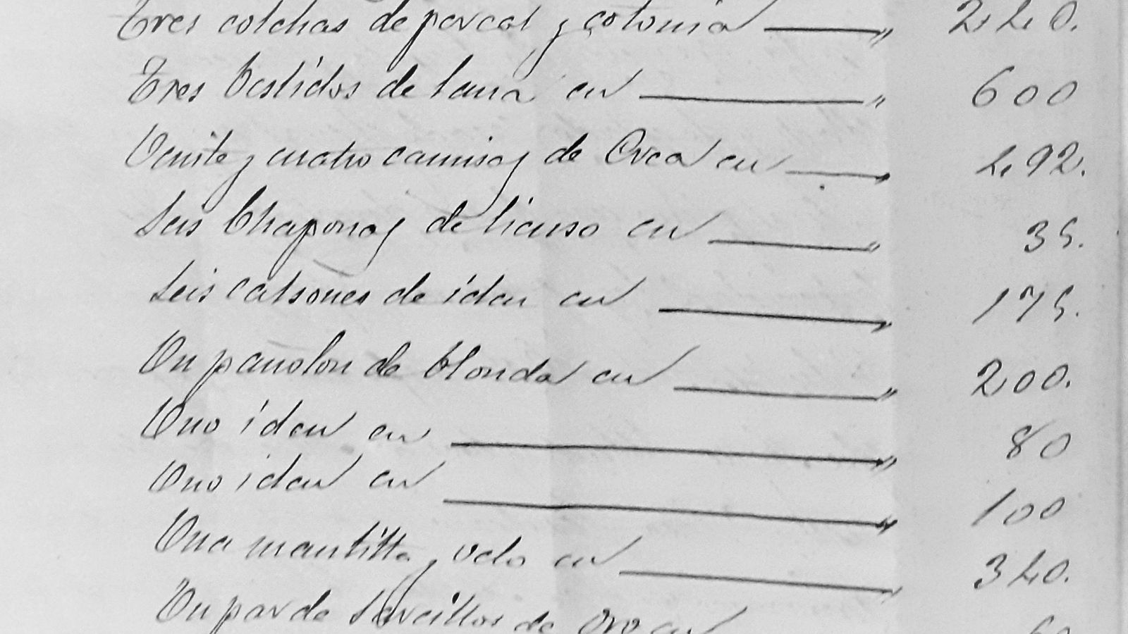 Extracto de la dote que aportó Josefa Ruiz a su matrimonio con Tomás Mosquera.