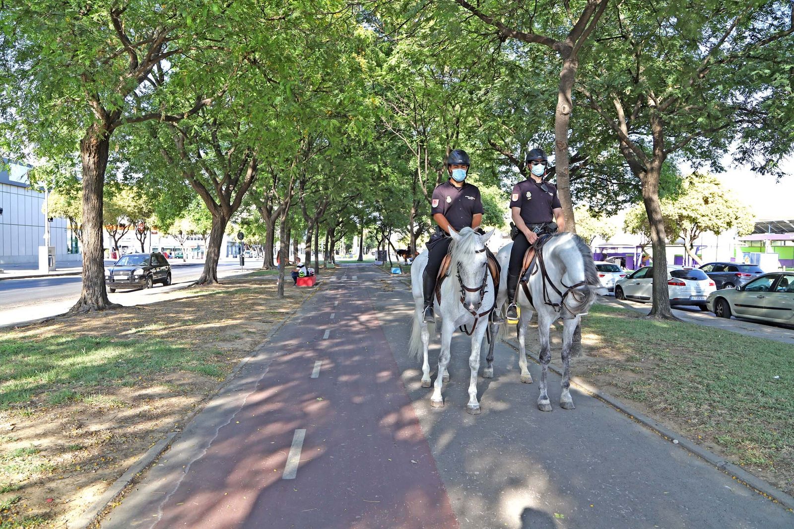 Dos policías nacionales patrullando a caballo por la avenida de Europa este sábado.