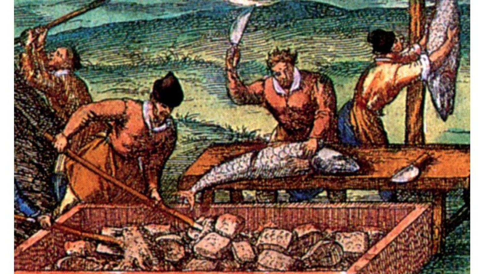 Despiece de atunes en la almadraba de Conil según Hoefnagel. 1575 (Facsímil del Servicio Geográfico del Ejército)