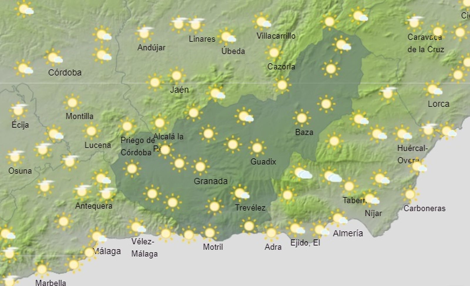 Mapa de previsión meteorológica de AEMET para este domingo en la provincia de Granada