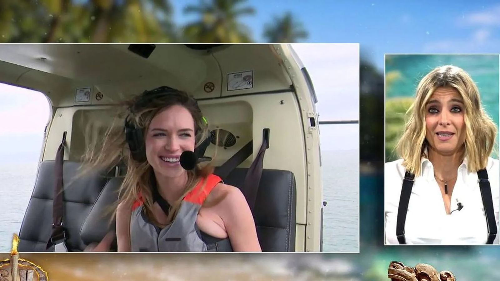 Almudena Porras, dentro del helicóptero, justo antes de saltar hacia el agua de la playa de Honduras.