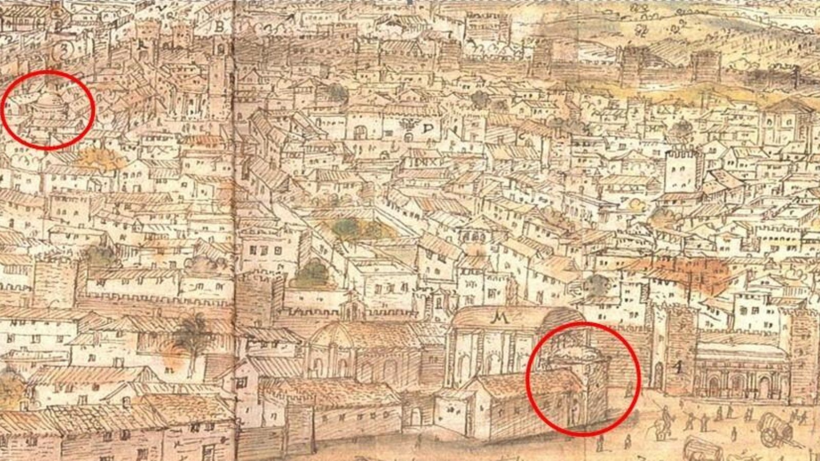 Localización de las posibles qubbas dibujadas por Anton van den Wyngaerde (1567).