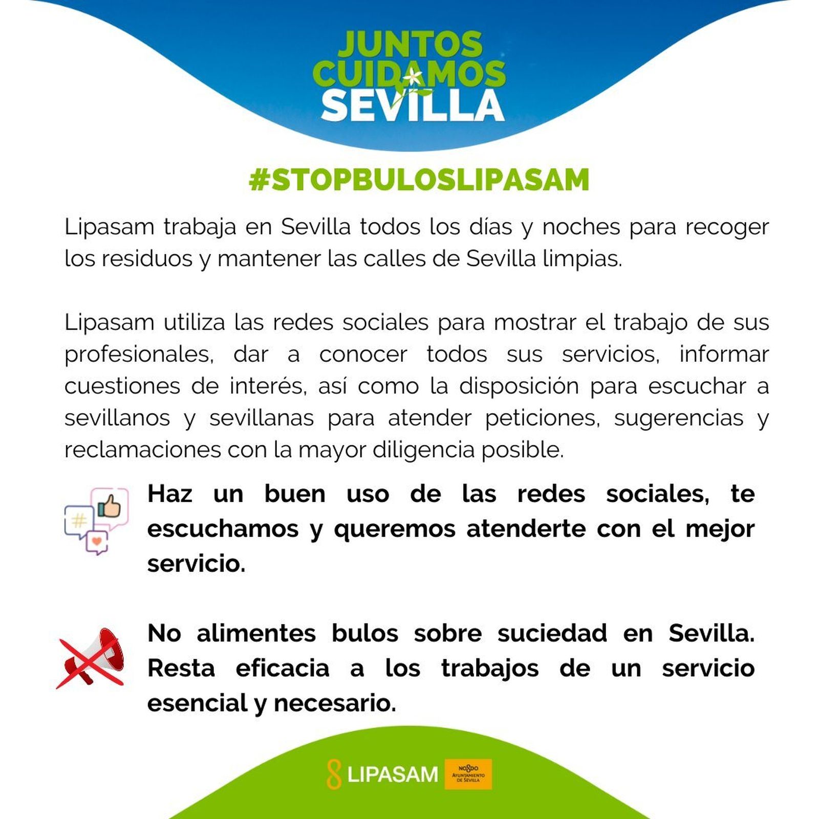La campaña de Lipasam “stop bulos” califica de bulo que se hable de suciedad en las redes.