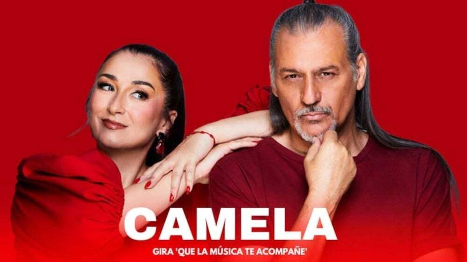 Cartel oficial de la nueva gira de Camela titulada como su último álbum 'Que la música te acompañe'.