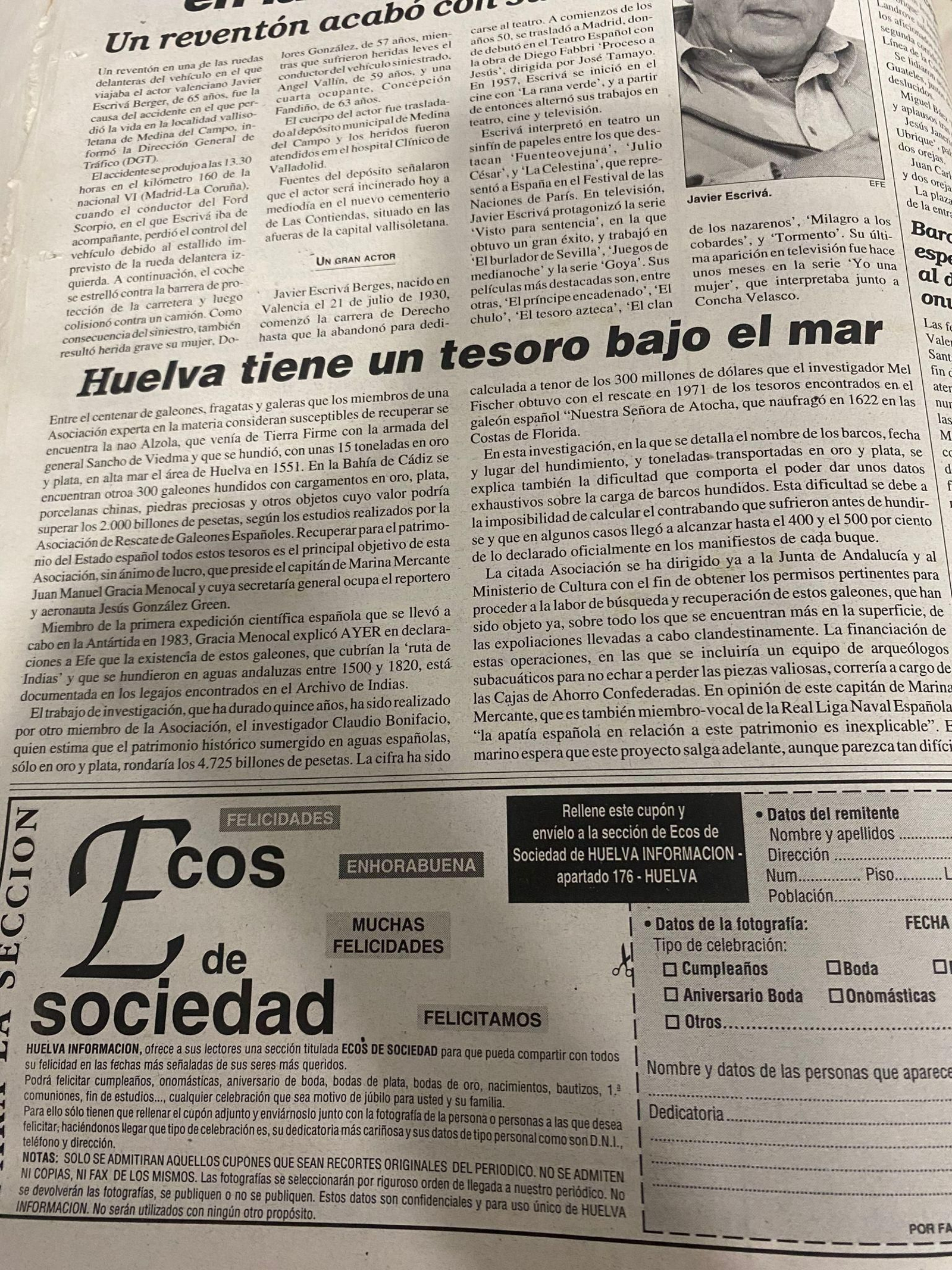 Noticia de 1996 sobre el barco hundido en Huelva en las páginas del Huelva Información