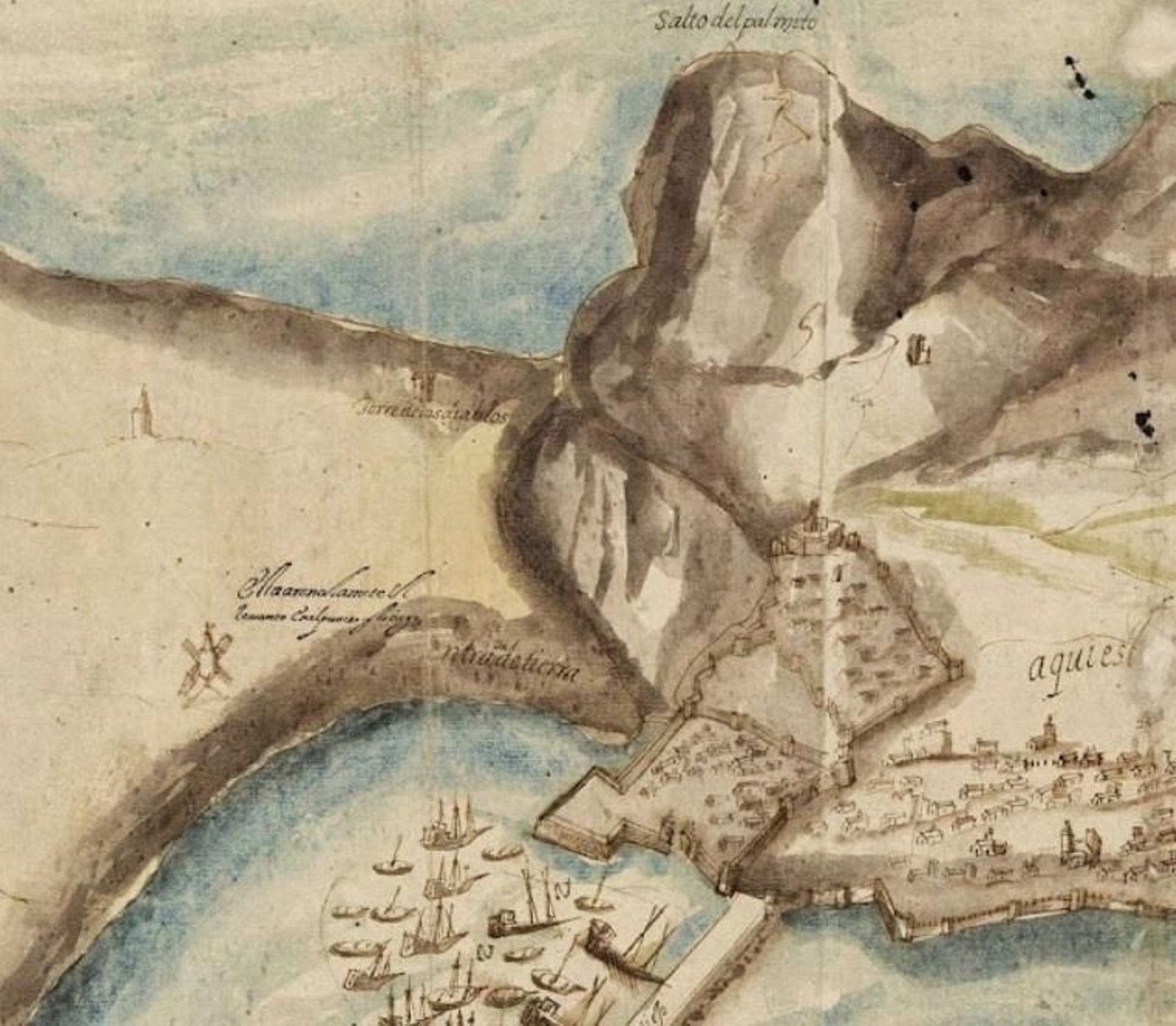 Dibujo de Gibraltar en el que se aprecia la Torre del Diablo (1608). Dibujo de Gibraltar en el que se aprecia la Torre del Diablo (1608).