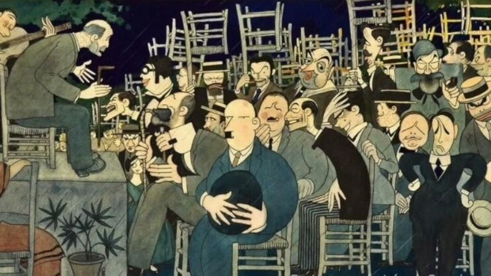 Famosa caricatura de López Sancho sobre la celebración del concurso, con las sillas como paraguas.