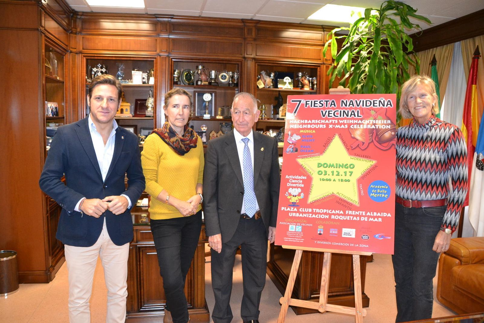 El alcalde y el edil de Comercio de Roquetas presentaron la fiesta con las responsables de Urbaroquemar, Melanie Homburg y Toos Van Lier.