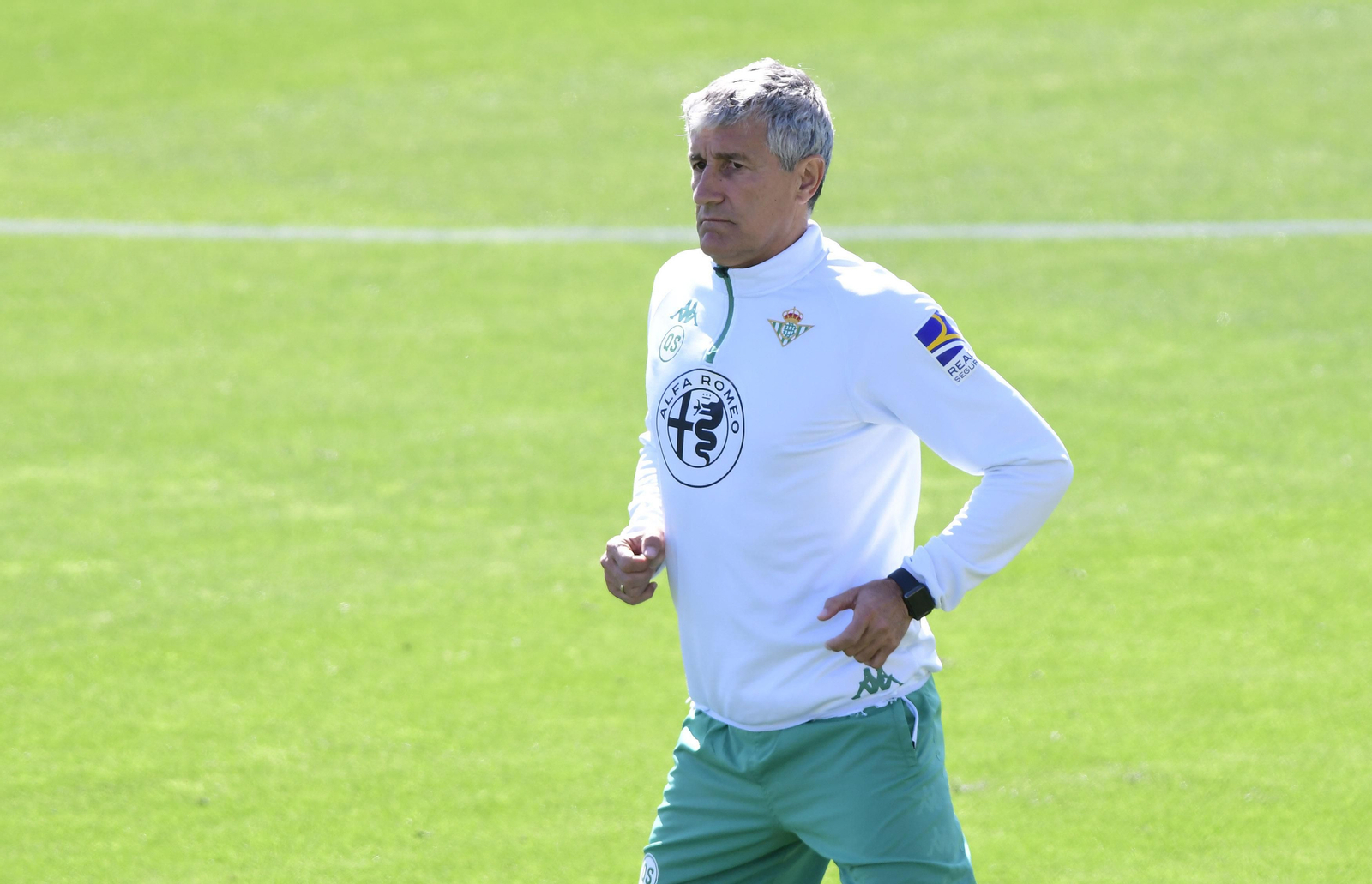 Quique Setién, en el entrenamiento de ayer.