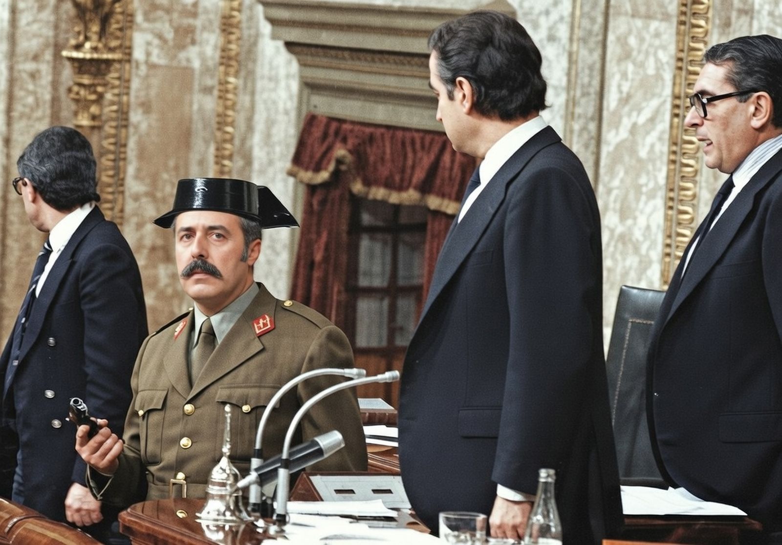 Antonio Tejero ante el presidente del Congreso, Landelino Lavilla, una foto emblemática del 23F coloreada