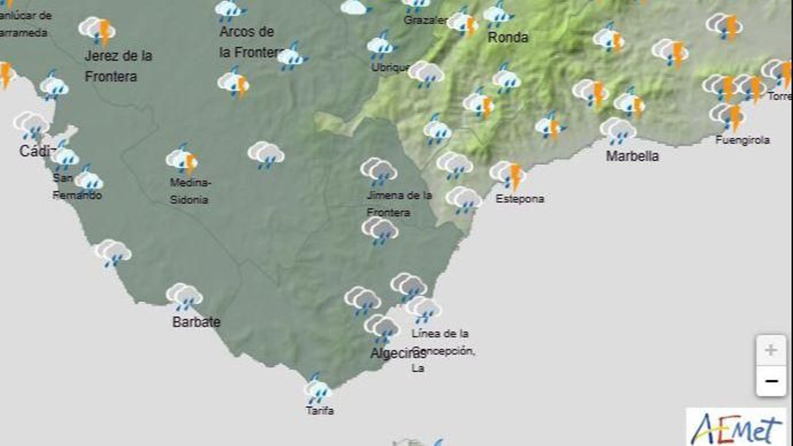 Previsión de lluvia para este jueves 6 en el Campo de Gibraltar.