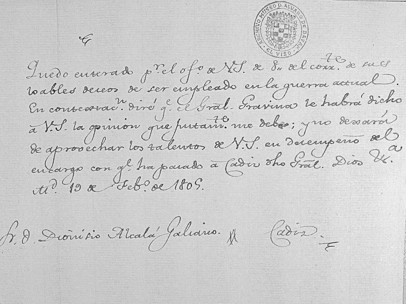 Testamento escrito a mano por Dionisio Alcalá Galiano tal día como hoy del año 1805.