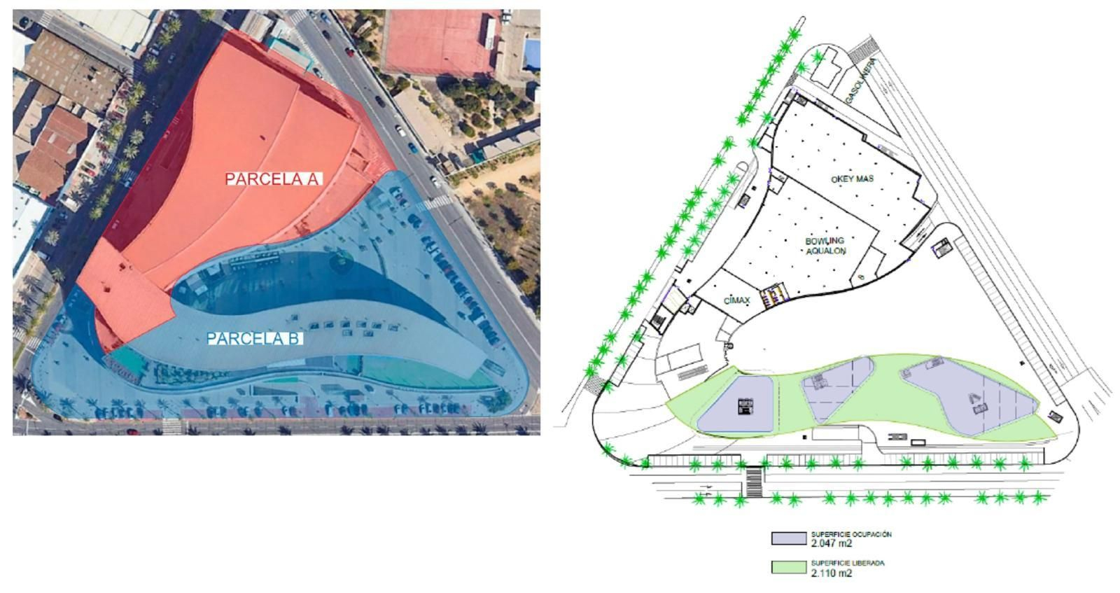 En rojo la parcela que se mantendría en pie y en azul la que sería demolida.