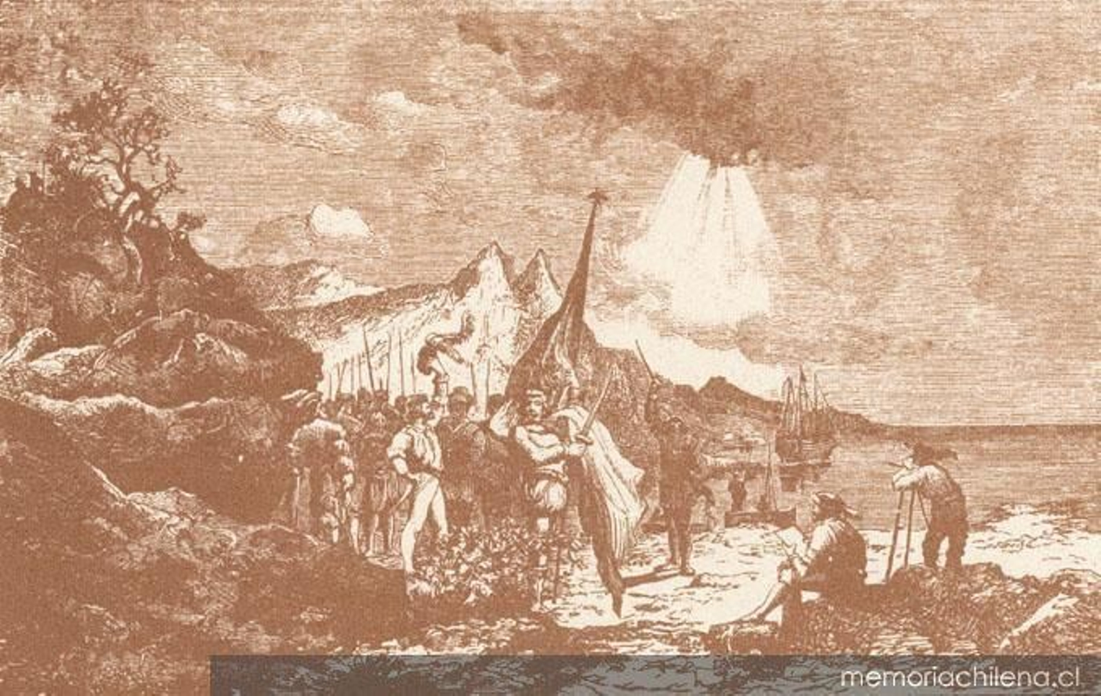 Juan Ladrillero tomando posesión del Estrecho en 1558. Ilustración de  1920. Biblioteca Nacional de Chile