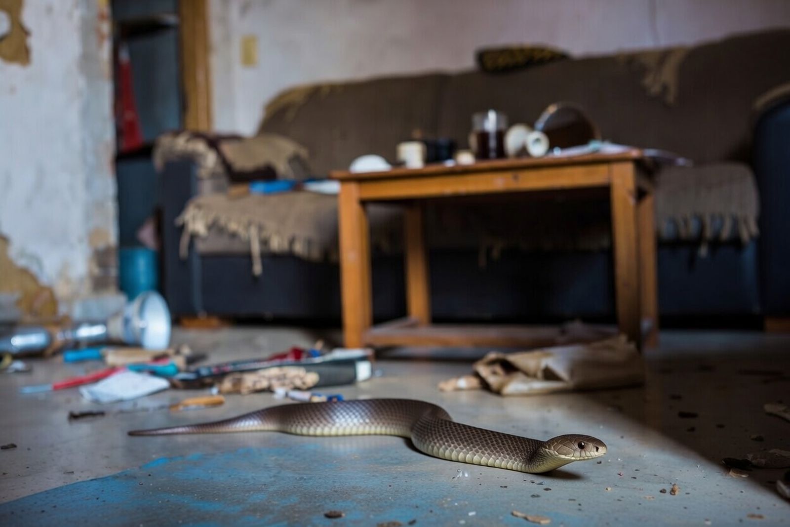 Una serpiente se desplaza por el suelo de una vivienda, imagen que ilustra el riesgo que supone la presencia de reptiles potencialmente peligrosos en un entorno doméstico.