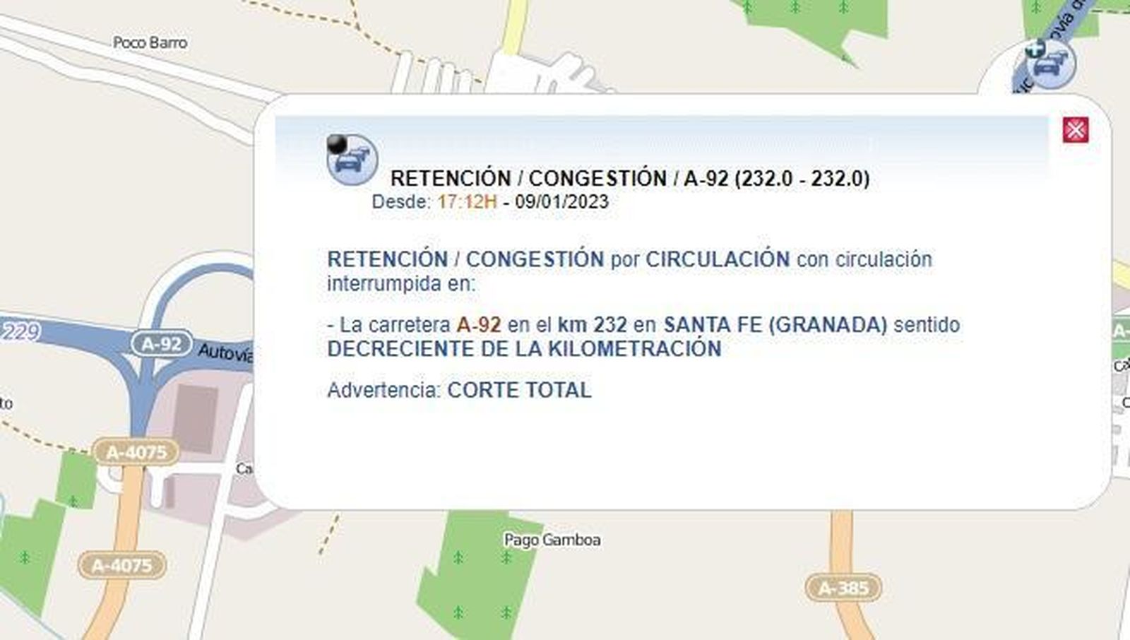 Cortada la A-92 a la altura de Santa Fe tras el accidente de un camión