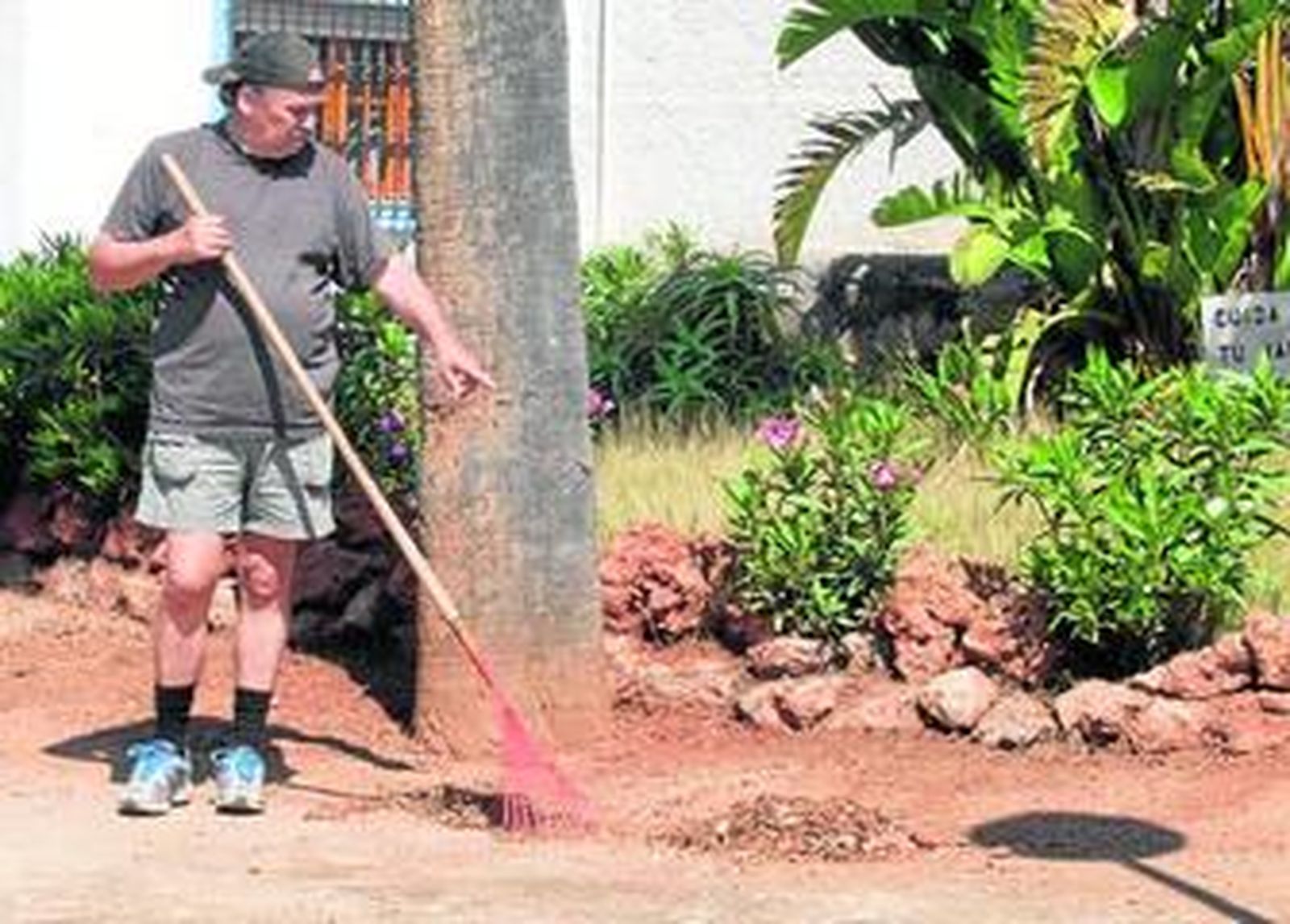 Un jardinero señala hormigueros del jardín de la iglesia. En la imagen superior, el parque público.