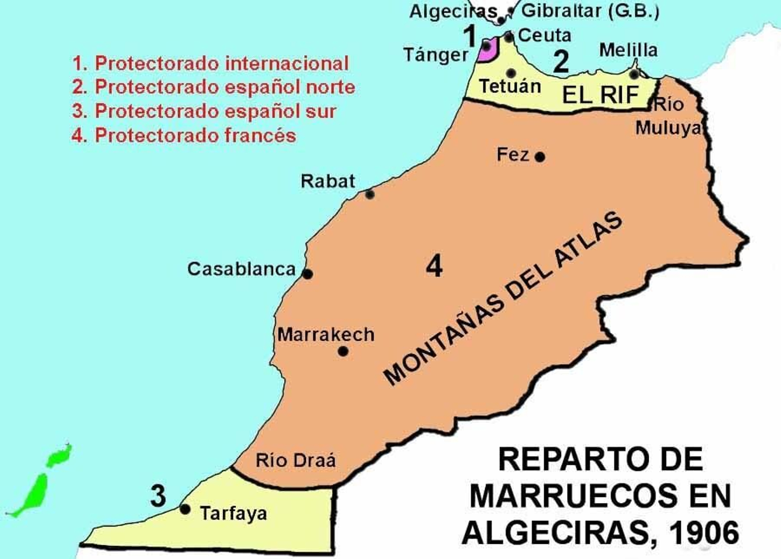 Plano con la división del protectorado de Marruecos.
