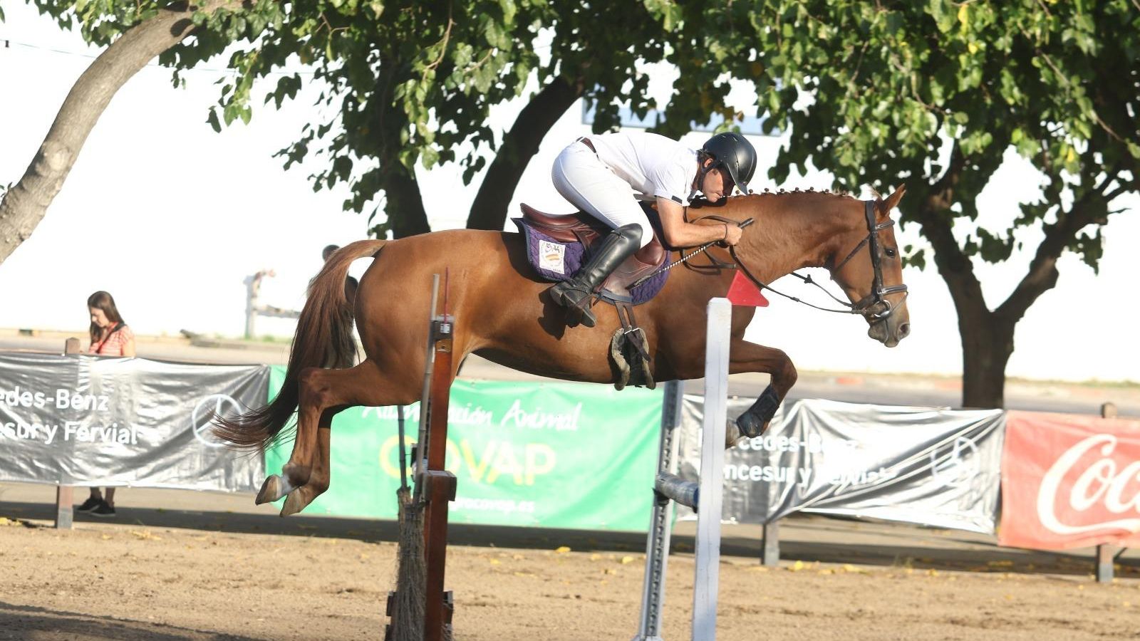 Un caballo salta uno de los obstáculos en el Parque del Alamillo.