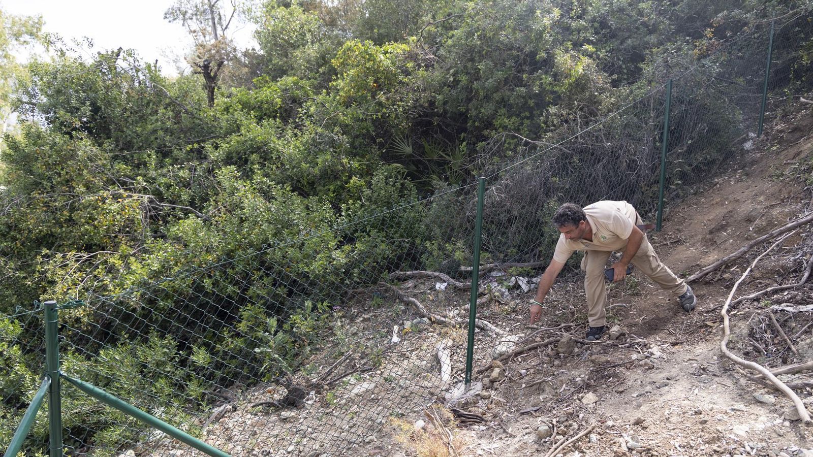 El jardinero que encontró la maleta con restos óseos de una mujer en Benahavís señala el punto en el que estaba.