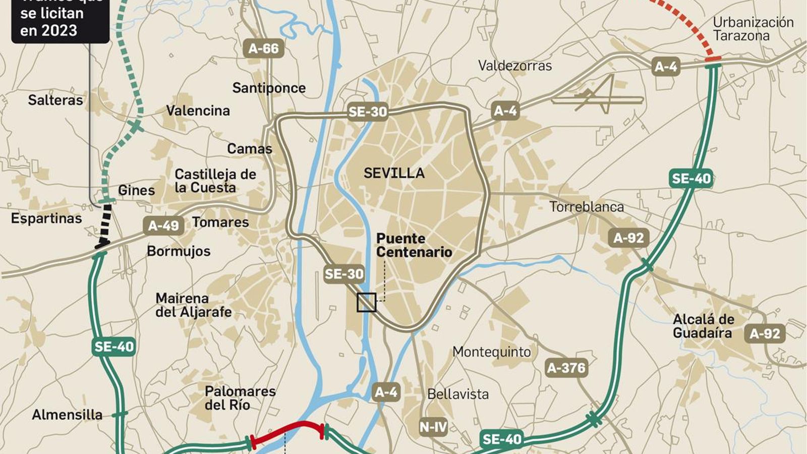 Los nuevos tramos de la SE-40 que se van a licitar en 2023.