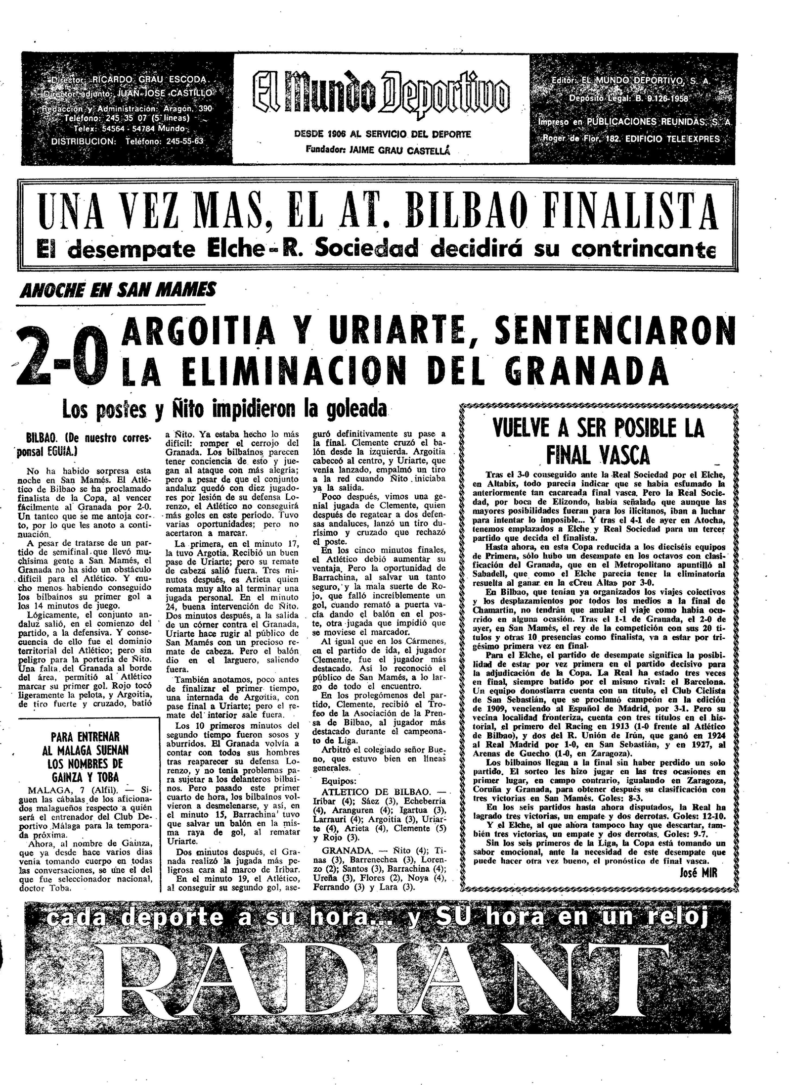 Recorte de la página de Mundo Deportivo con la vuelta del Athletic - Granada