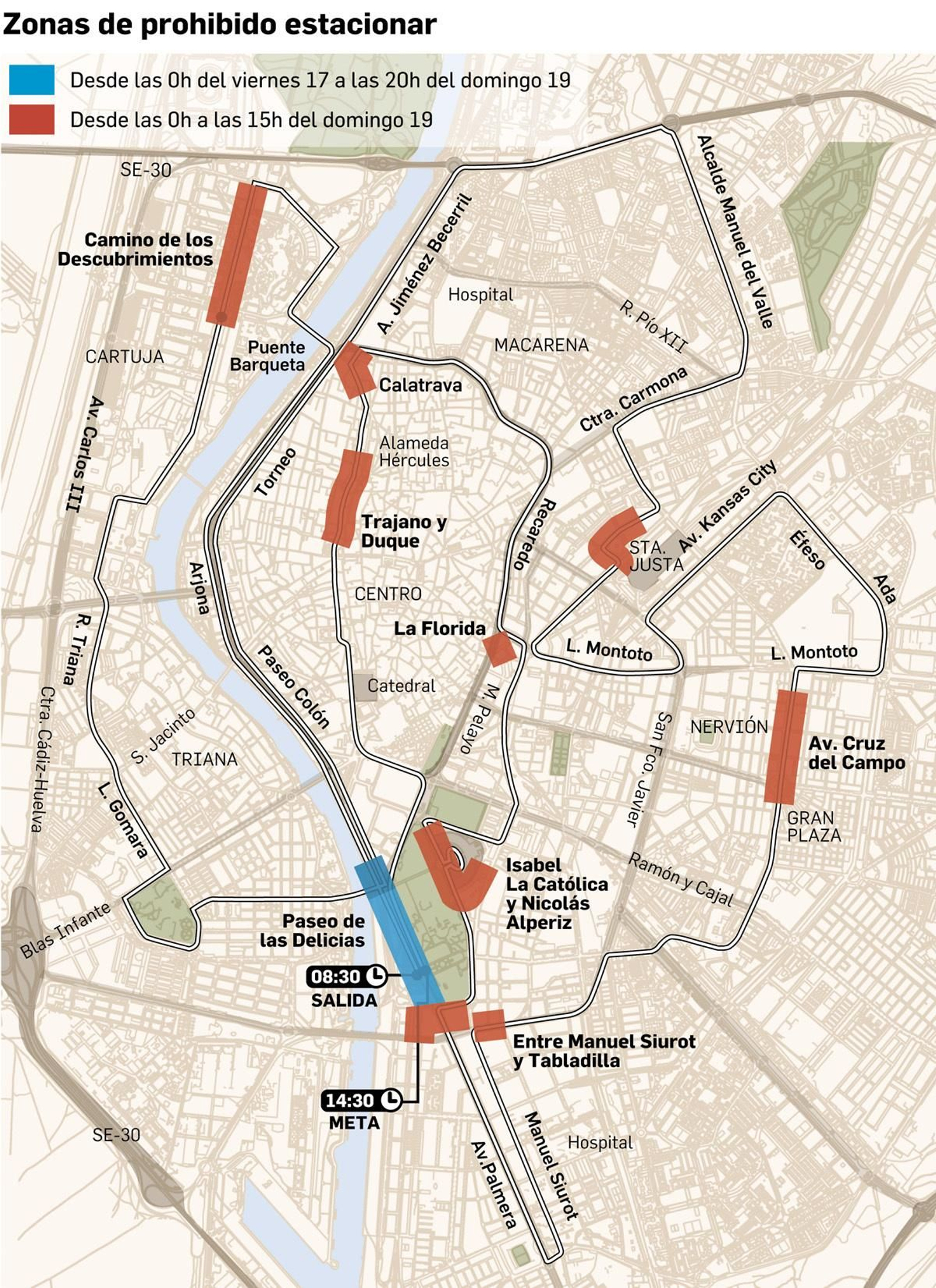 Zonas de estacionamiento prohibido. Fuente: Ayuntamiento de Sevilla.
