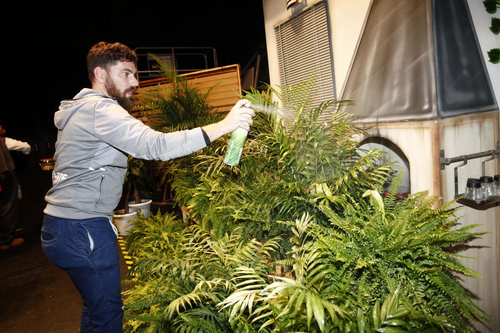 Minuciosos artesanos: el control de los detalles. Un trabajador de la empresa Crearte pulveriza con agua las plantas del atrezzo de la comparsa de Germán García Rendón, 'OBDC. El joven obispo'. Todos los detalles controlados para el estreno en preliminares.