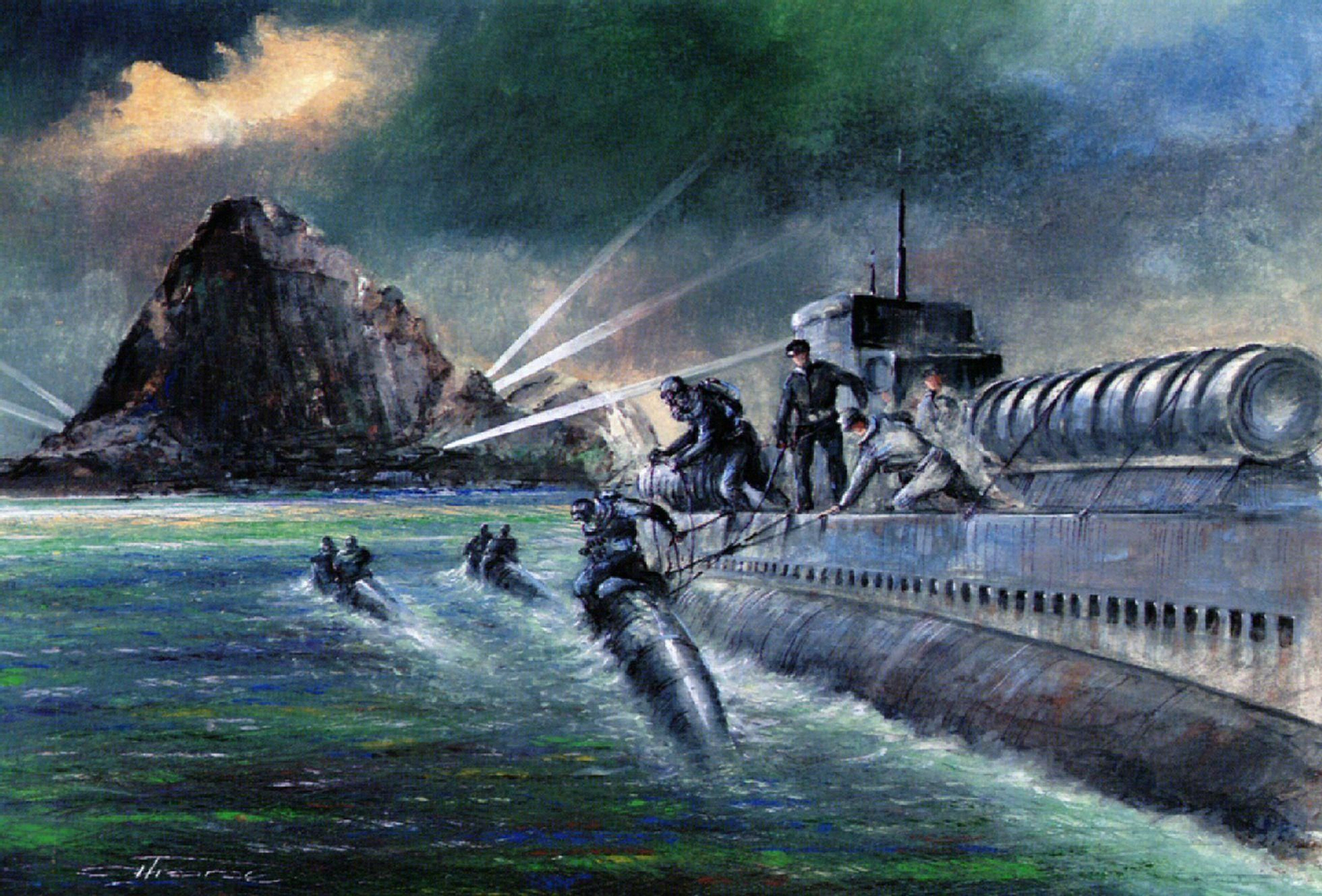 Representación artística de una maniobra de los buzos italianos en la Bahía.