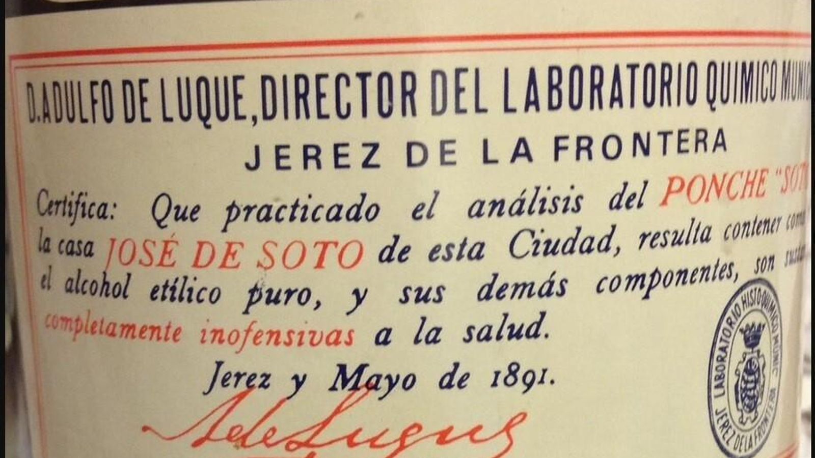 Contraetiqueta del ponche Soto, con el aval de Adulfo Luque, 1891.