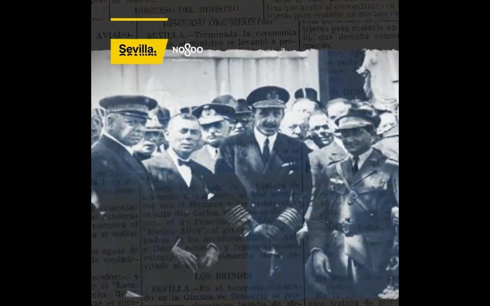 Captura del vídeo difundido por el Ayuntamiento de Sevilla en su cuenta oficial de Twitter con la imagen de la recepción en Sevilla de los aviadores del Plur Ultra.