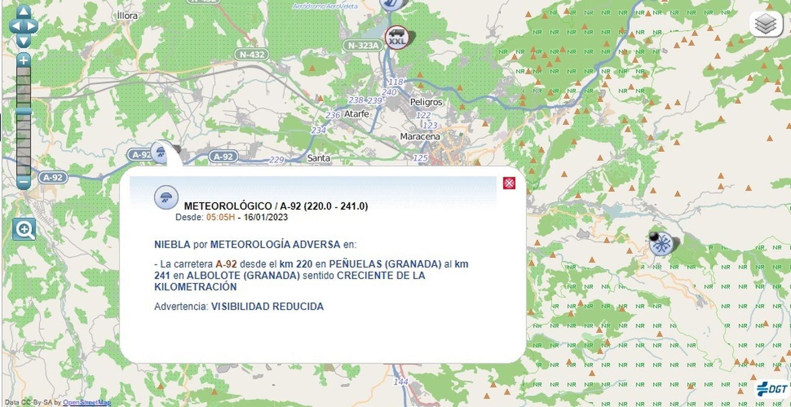Advertencia desde esta madrugada por escasa visibilidad en la A92.
