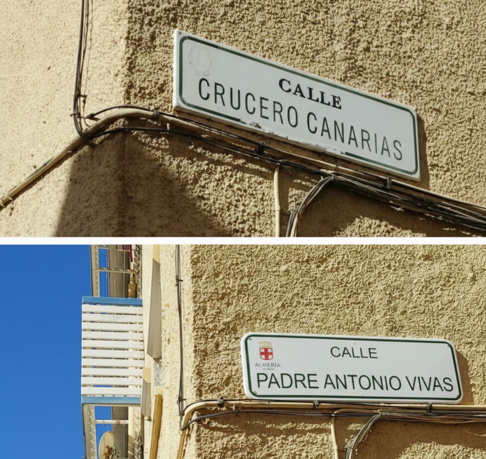 Rótulo de calle Crucero Canarias en el Tagarete y el que lo sustituye dedicado al Padre Antonio Vivas