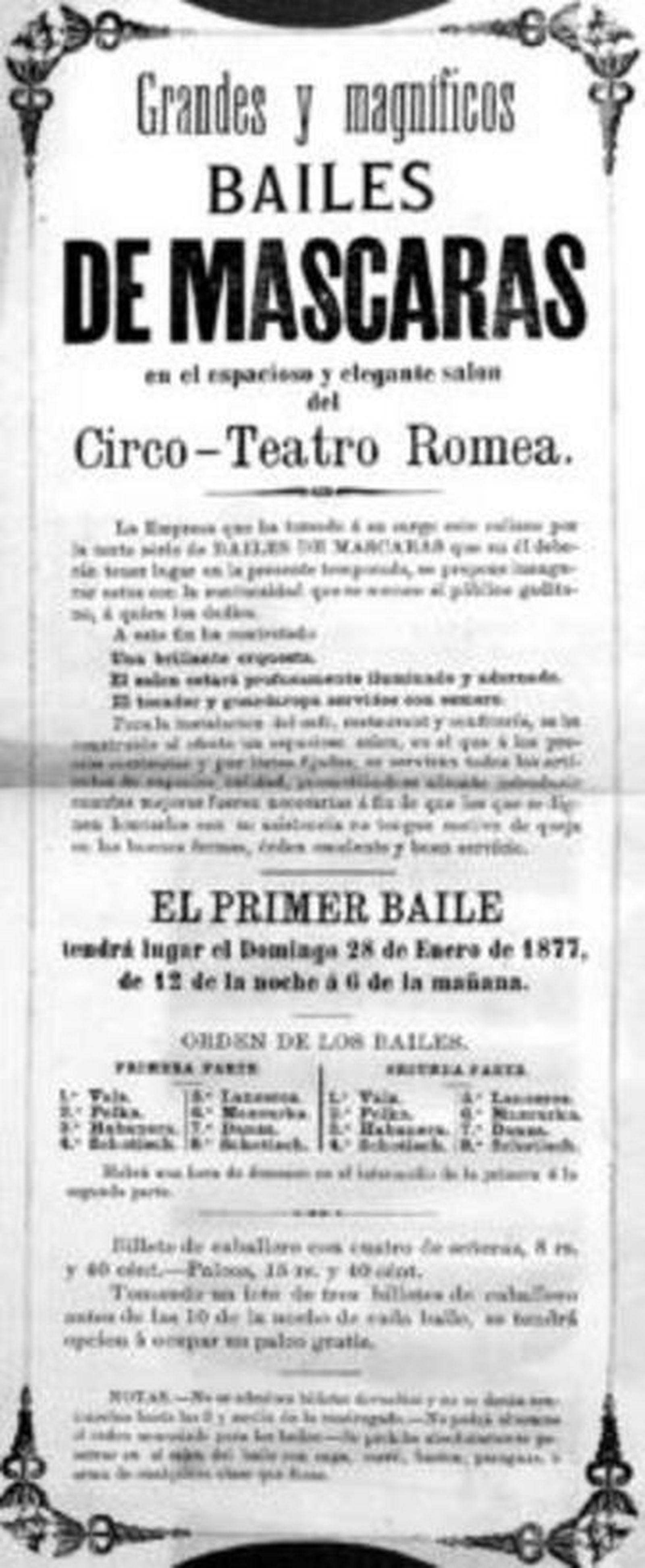 Cartel anunciador del 'primer baile' de 1877.