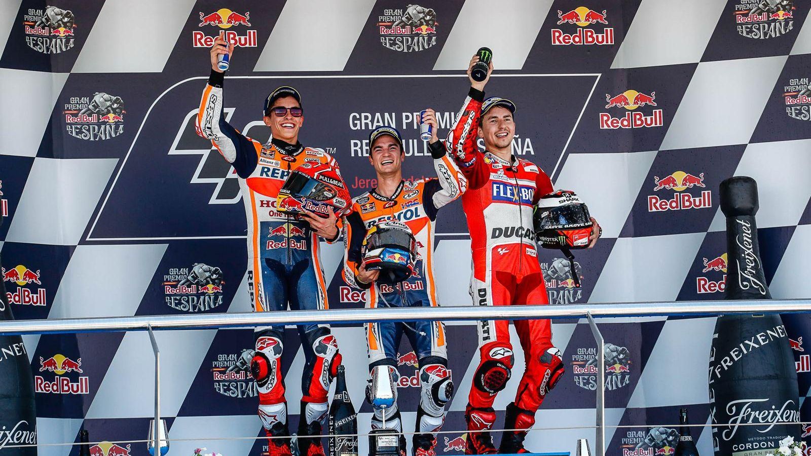 El podio de 2017 con Pedrosa, Lorenzo y Márquez. El podio de 2017 con Pedrosa, Lorenzo y Márquez.