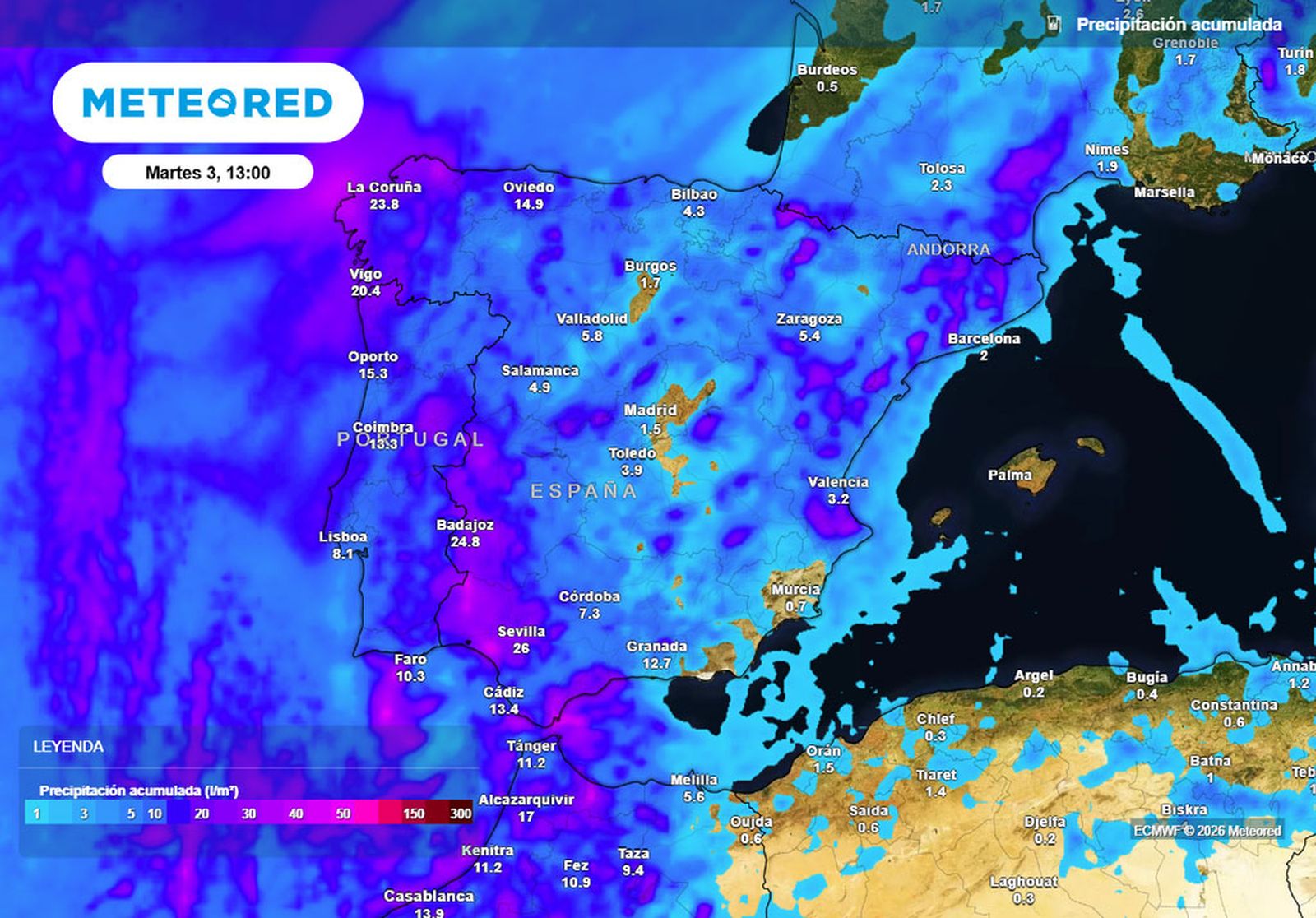 Lluvia acumulada prevista en Cádiz para el martes 3 de marzo.