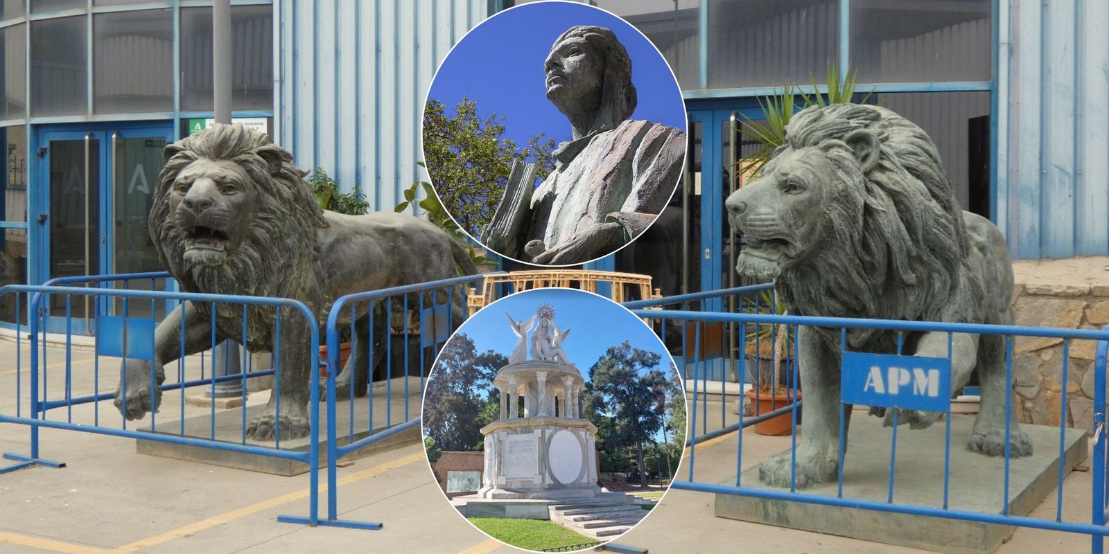 Los leones de Ginés Serrán en el Puerto de Málaga.