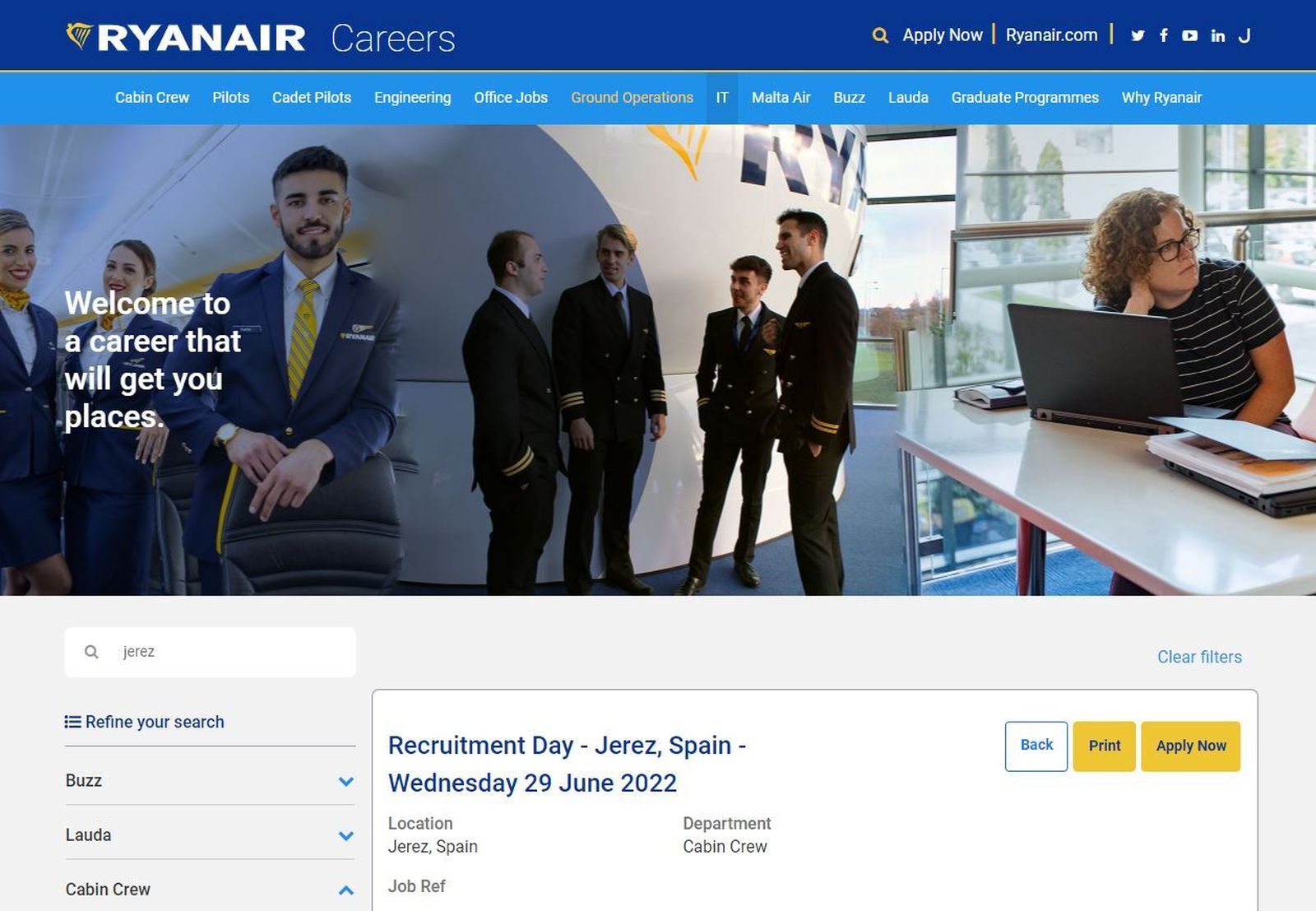 Captura de la web de Ryanair con la selección anunciada en Jerez.