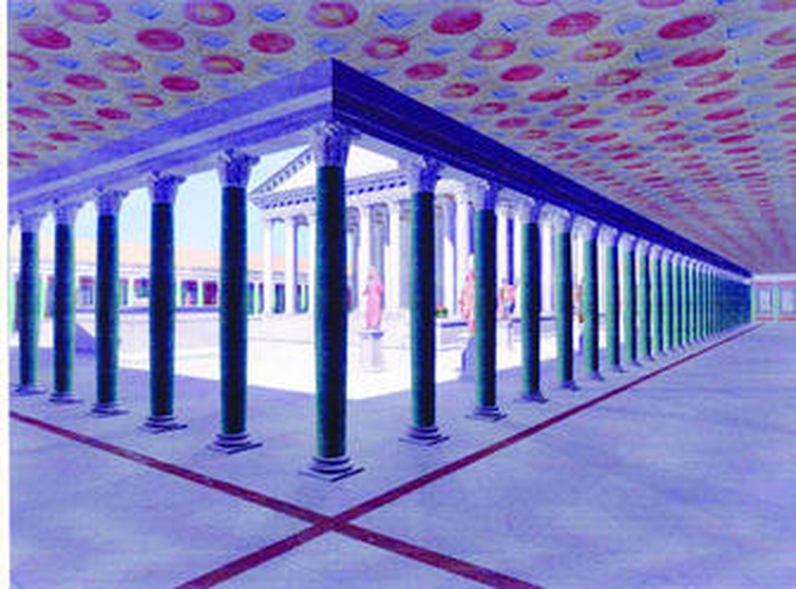 Reconstrucción de la galería porticada del patio principal en la Casa de la Exedra, en Itálica.