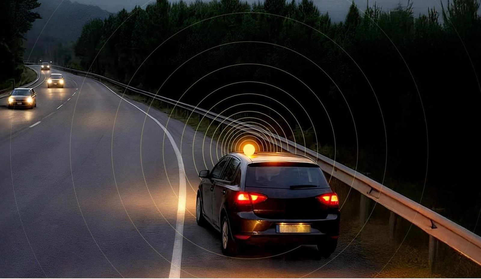 Recreación de la nueva baliza V16 activada por un conductor en caso de emergencia.