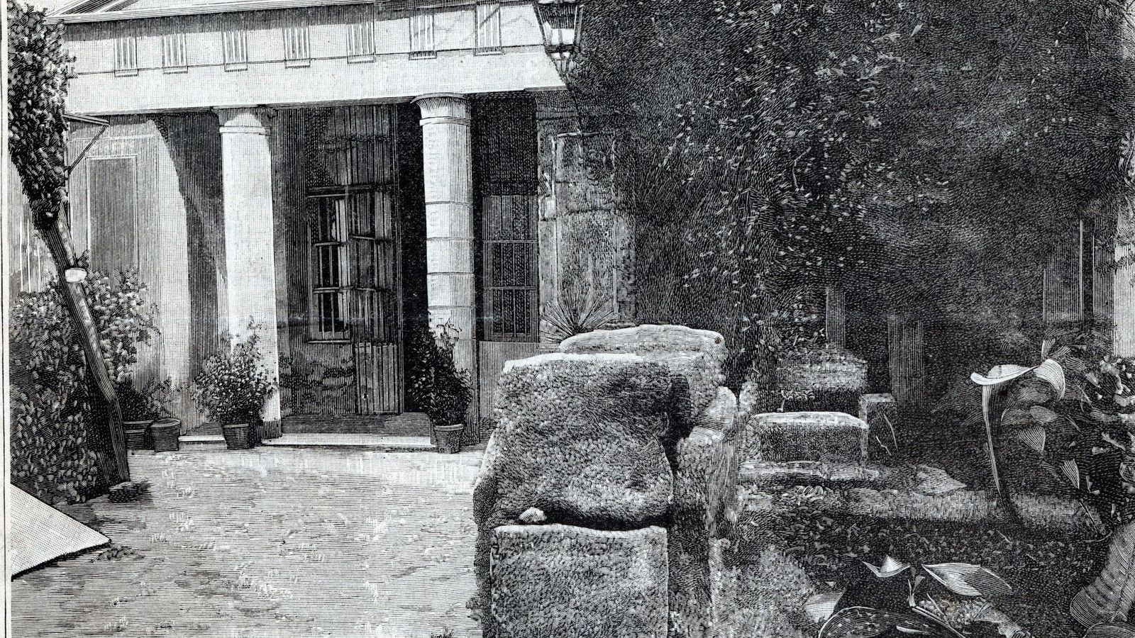 Grabado de la Ilustración Española y Americana del año 1887 que muestra el acceso al nuevo Museo Arqueológico desde el Tinte en base a una foto de Rocafull.