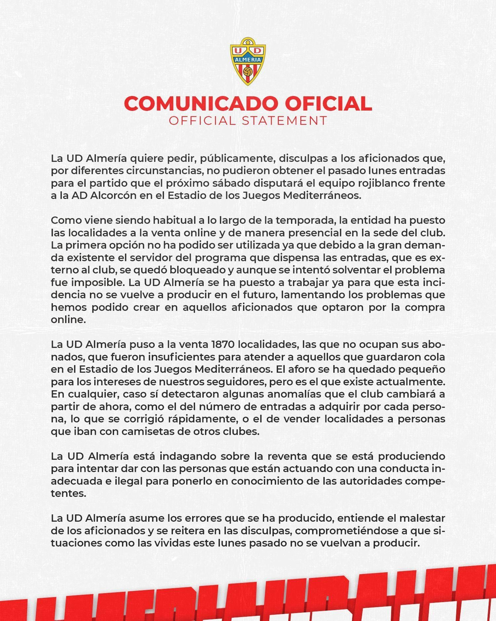 Detalle del comunicado oficial de la UDA a cuenta de la caótica venta de entradas