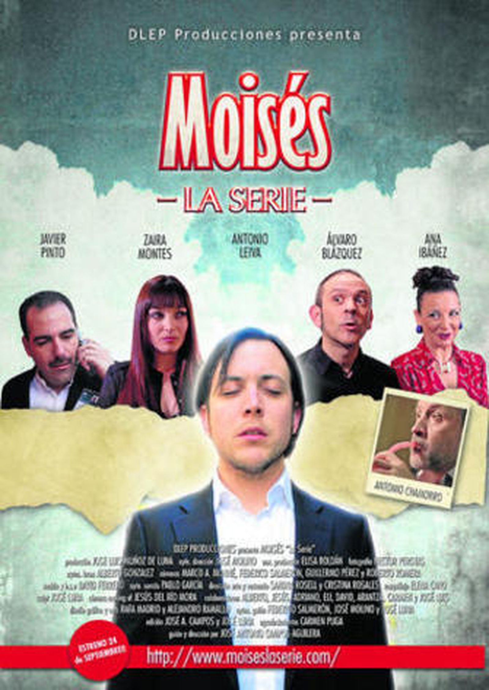 Arriba, el cartel de la serie, diseñado por Rafa Madrid. Junto a él, el actor Antonio Leiva en un fotograma y posando junto al director de la serie, José Antonio Campos.