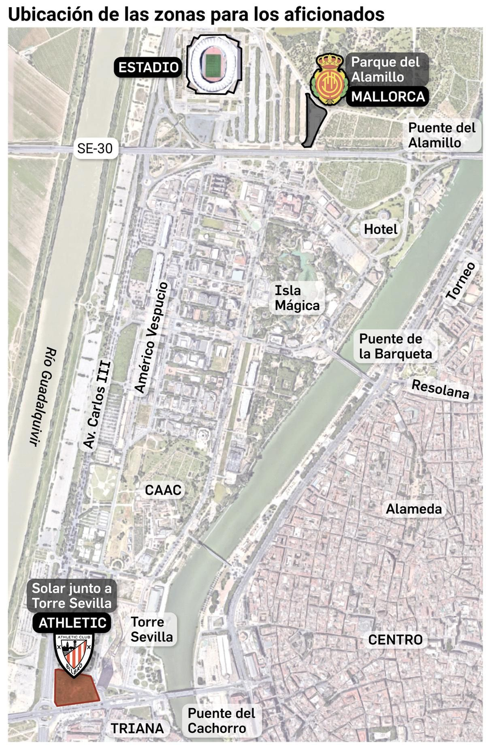 Localización de las zonas para aficionados de ambos equipos. Fuente: elaboración propia.