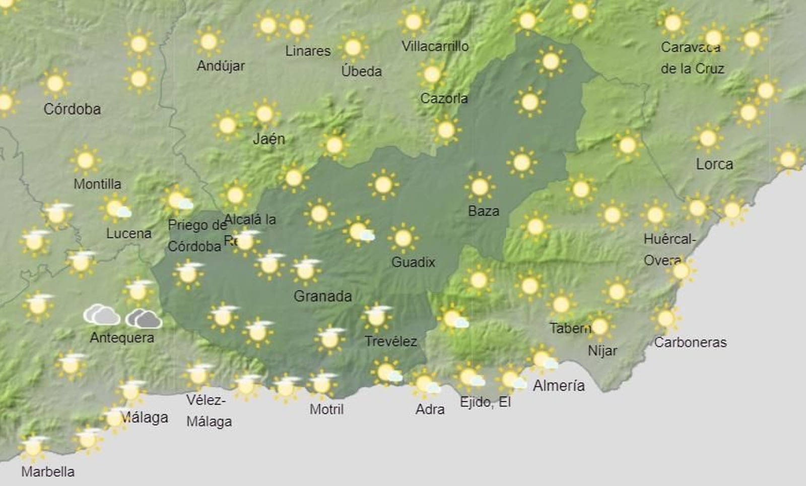 Mapa de previsión meteorológica para el sábado 2 de abril en la provincia de Granada