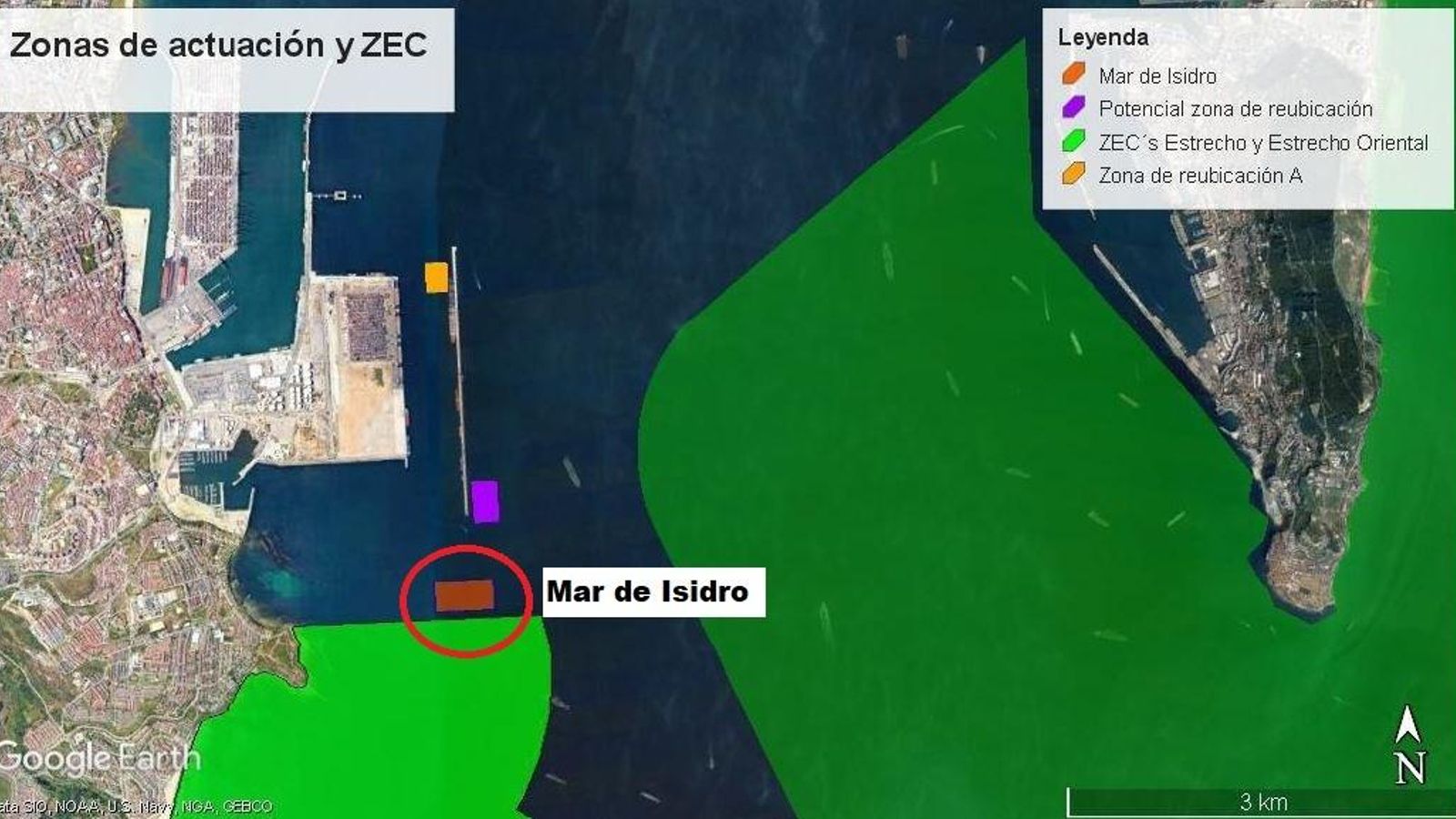 El Mar de Isidro, zonas de reubicación del dragado y áreas protegidas colindantes.