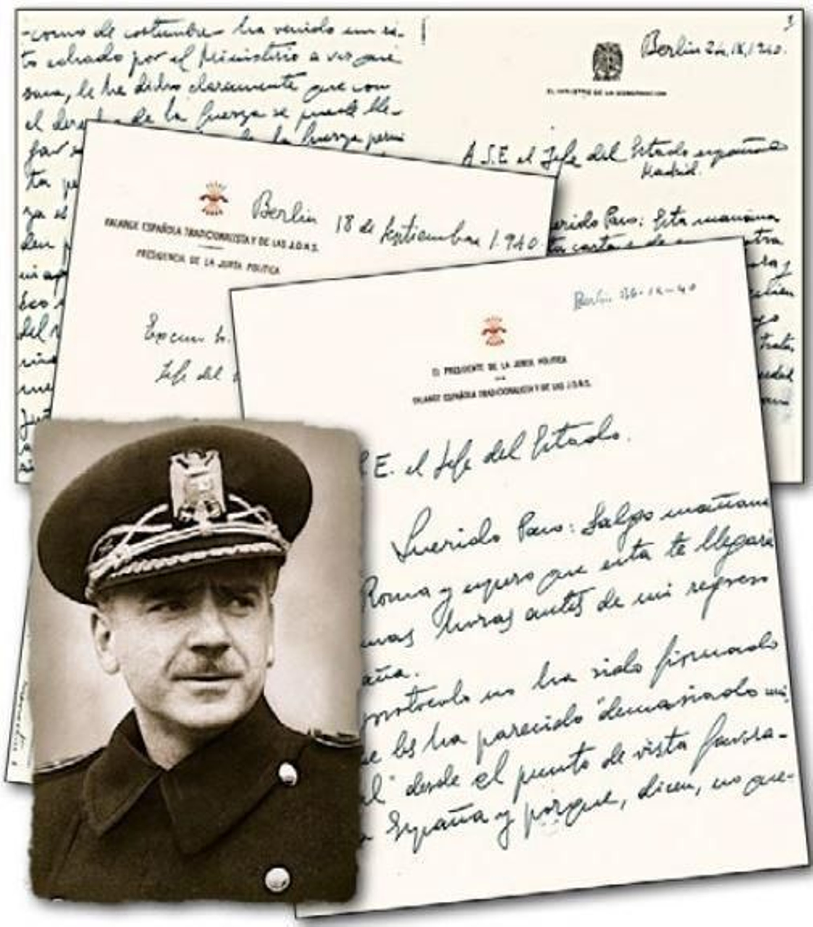 Composición con las primeras páginas de las tres cartas que Serrano envió a Franco en la segunda quincena de septiembre de 1940 para informarle del desarrollo de las negociaciones. Composición con las primeras páginas de las tres cartas que Serrano envió a Franco en la segunda quincena de septiembre de 1940 para informarle del desarrollo de las negociaciones.
