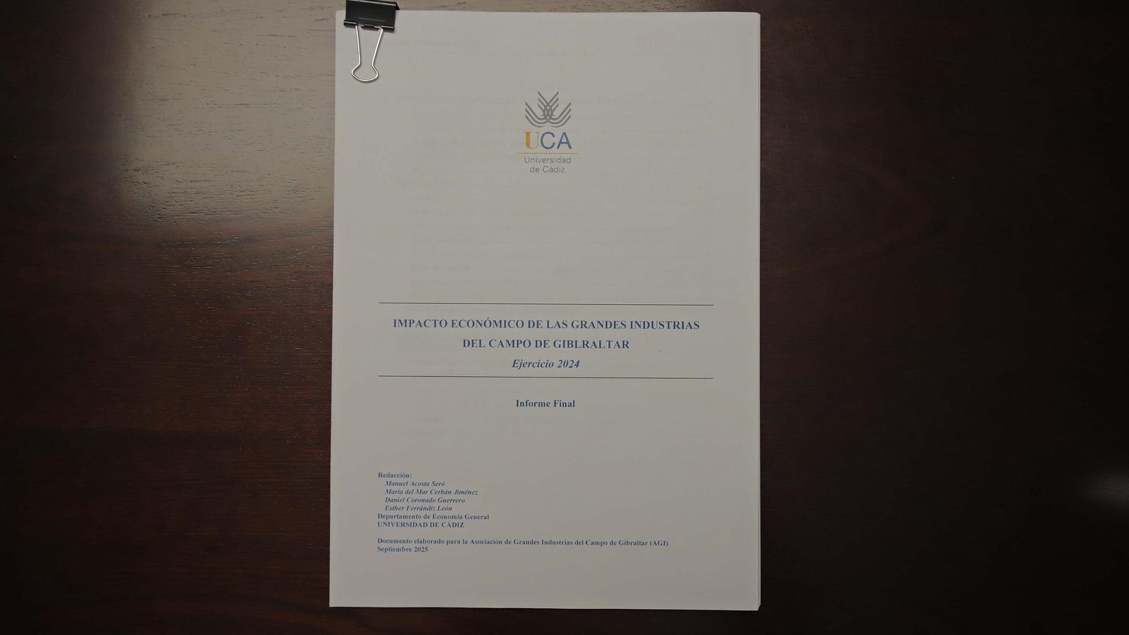 Portada del informe sobre el impacto económico de la AGI, elaborado por la UCA