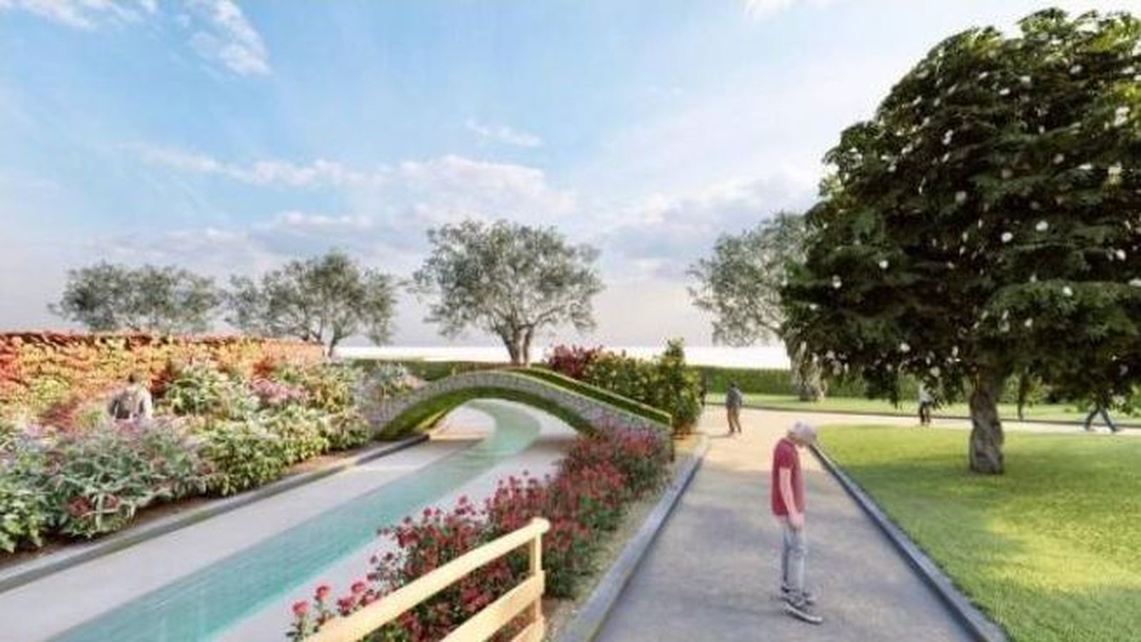 Infografía del futuro Parque Villa Victoria, con una reproducción del puente romano.