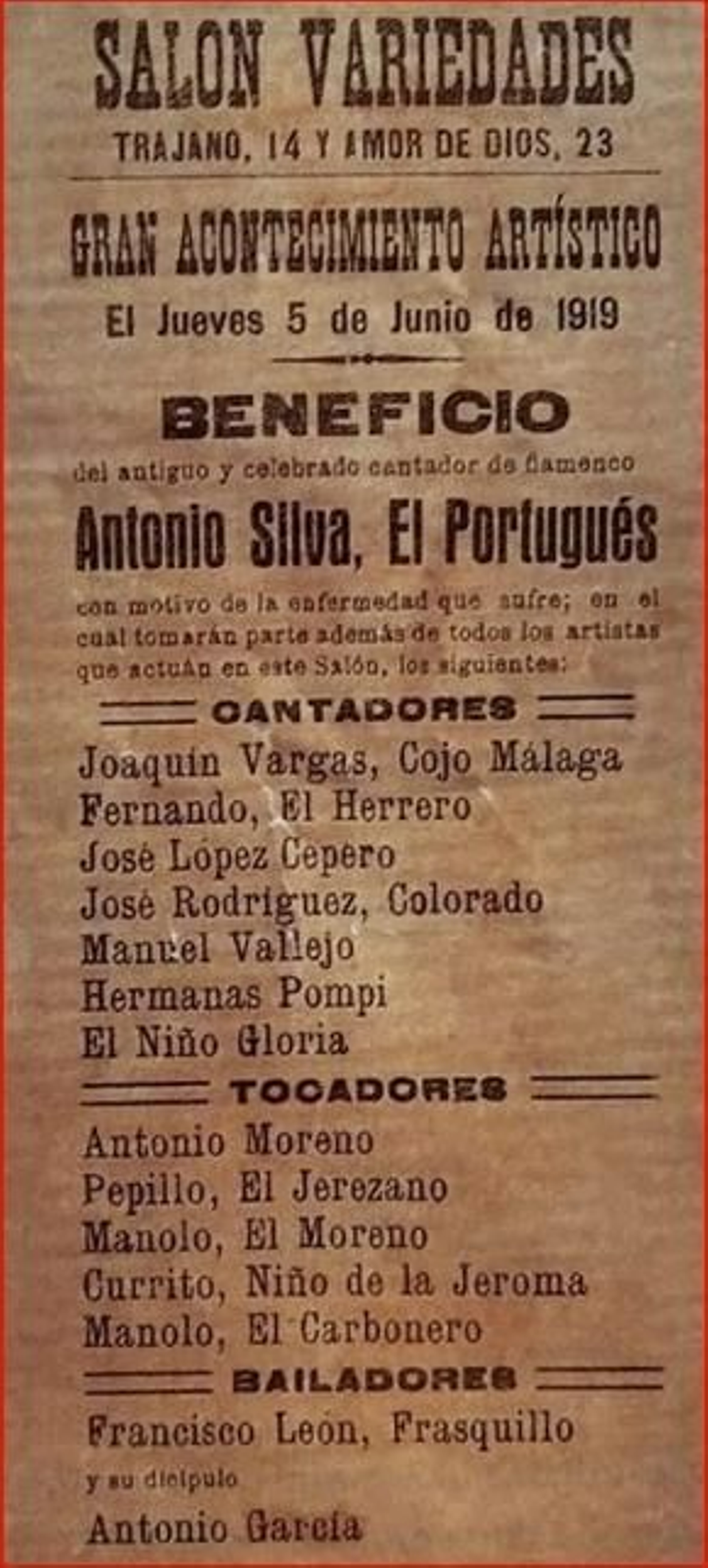 2. Cartel del homenaje a Antonio Silva el Portugués en el Salón Variedades de Sevilla, 5 junio 1919.